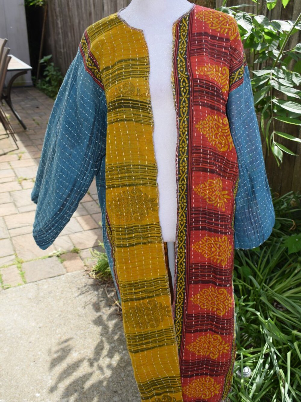 Women Handmade One Of A Kind Kantha Duster Open Front Kimono -Blue, Beige Multi